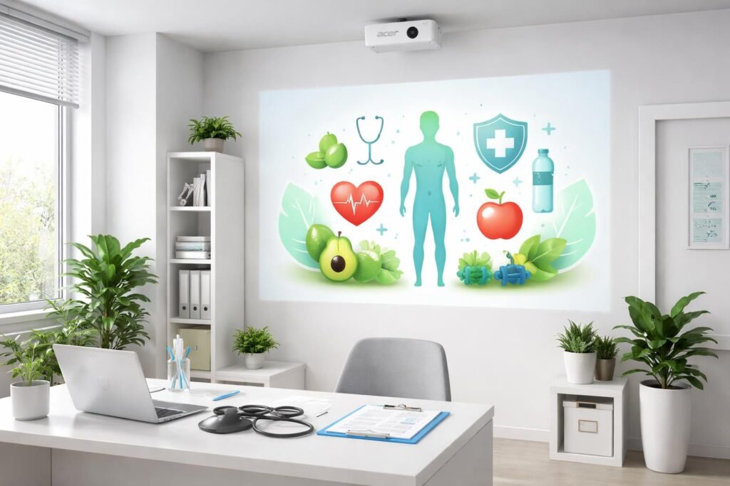 Cabinet médical : prévention santé au mur avec mini vidéoprojecteur Acer