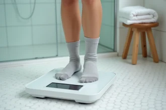 Femme debout sur une balance numérique dans une salle de bain moderne, portant des chaussettes grises, vérifiant son poids avec attention