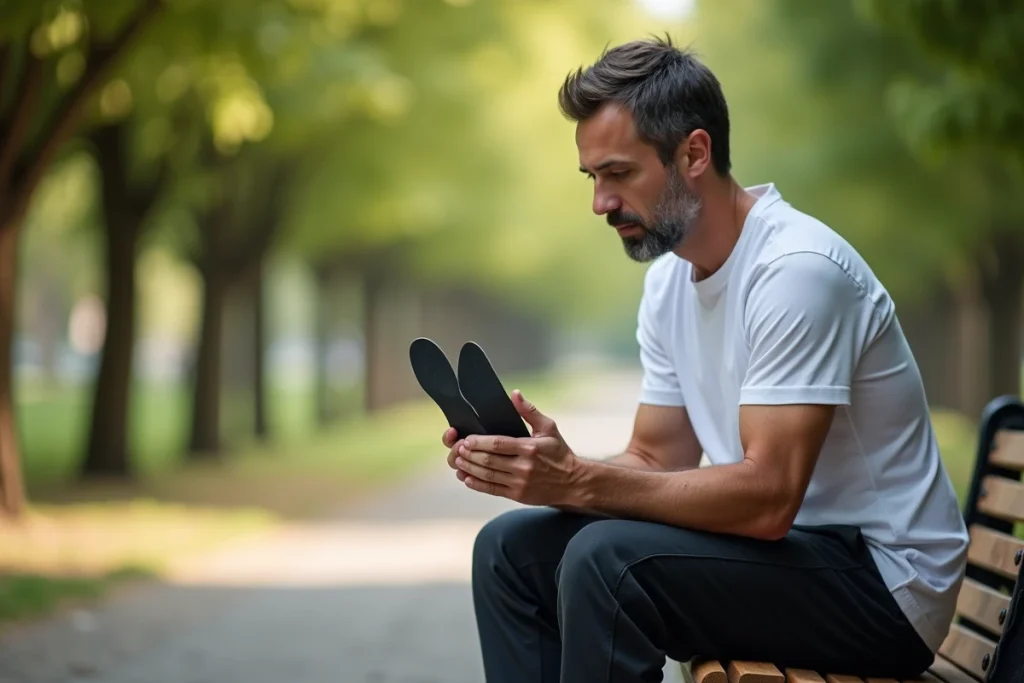 Homme assis sur un banc en bois tenant des semelles orthopédiques Akusoli et les examinant attentivement dans un parc