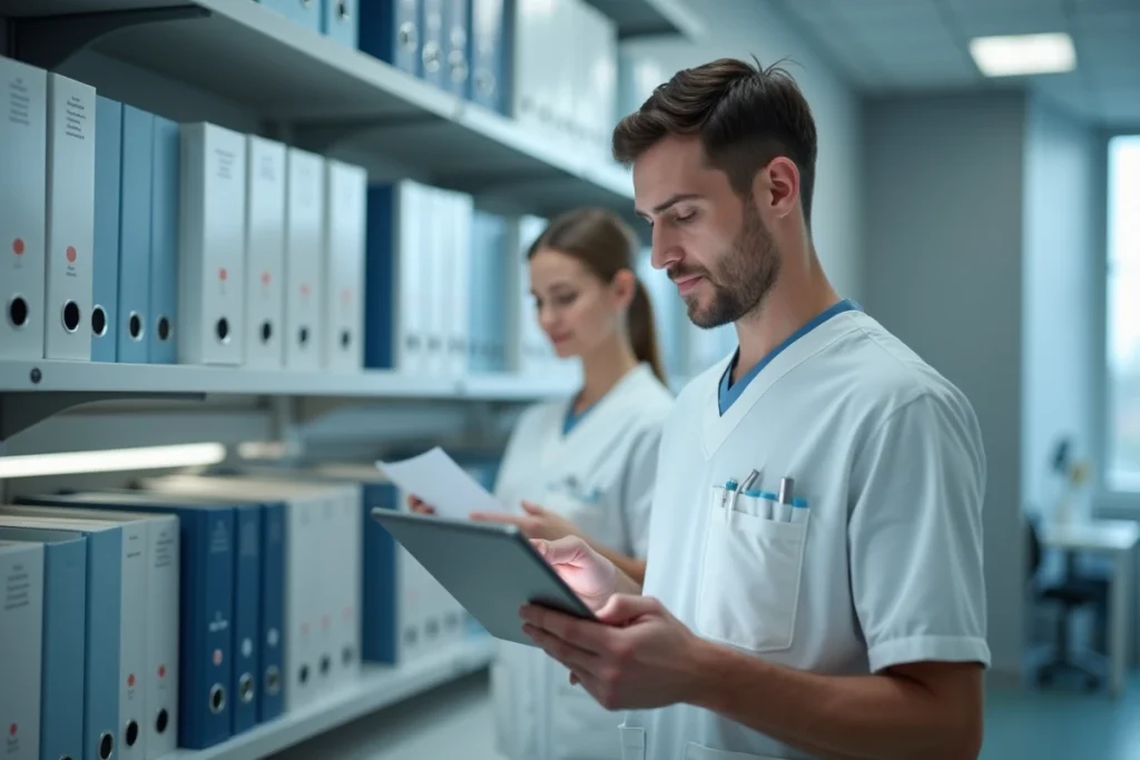 Aide-soignant en EHPAD consultant un tableau de bord numérique de suivi des soins résidents au poste infirmier