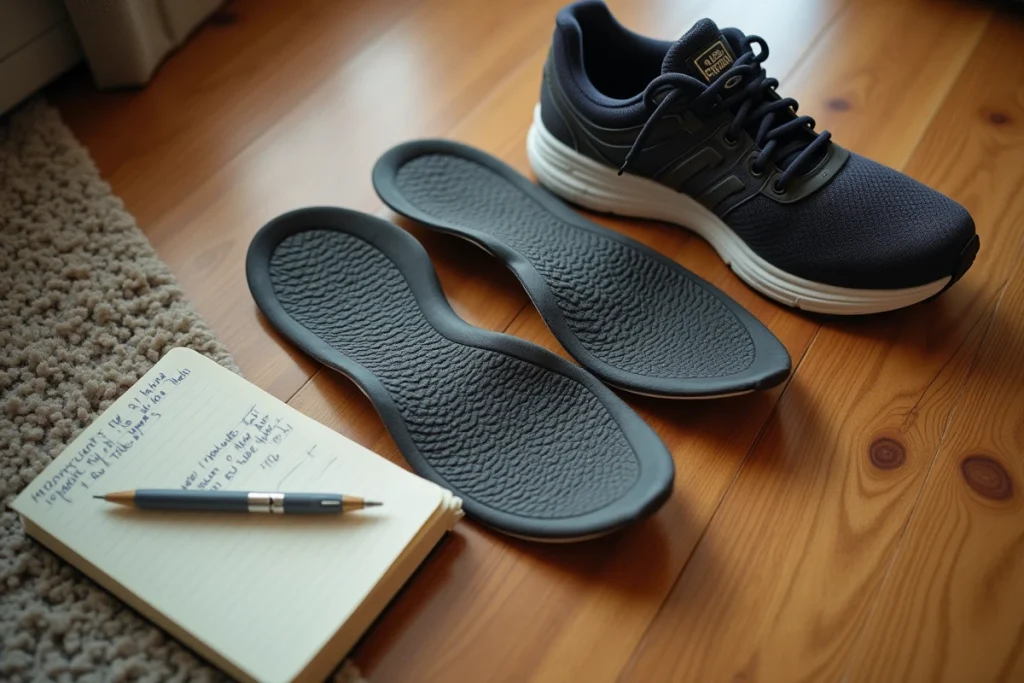 Chaussures de running avec semelles orthopédiques posées sur un parquet en bois, accompagnées d'un carnet de notes manuscrites pour un bilan mensuel
