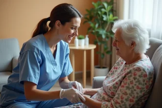 Infirmière en EHPAD appliquant une crème hydratante sur les mains d'une résidente âgée dans une chambre confortable