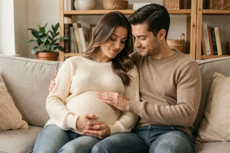 Un couple attend leur bébé : le partenaire pose tendrement la main sur le ventre de la femme enceinte dans un salon chaleureux