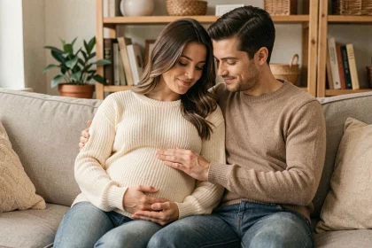 Un couple attend leur bébé : le partenaire pose tendrement la main sur le ventre de la femme enceinte dans un salon chaleureux