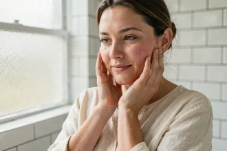 Femme enceinte dans la trentaine touchant son visage devant un miroir de salle de bain, illustrant les changements cutanés pendant la grossesse