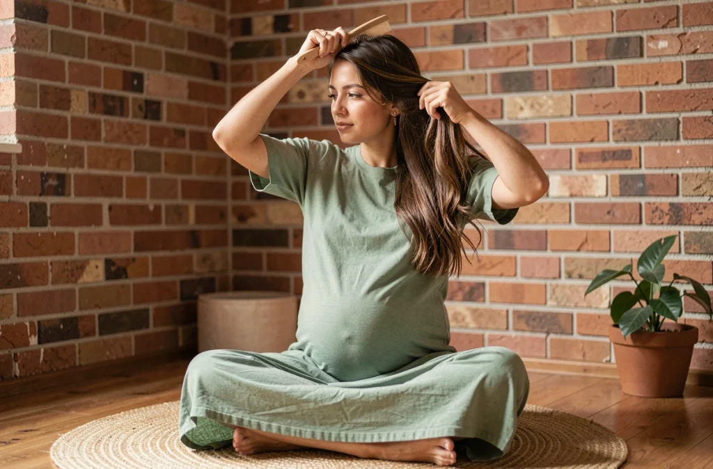 Femme enceinte aux cheveux épais et brillants se coiffant dans un salon chaleureux, montrant les transformations capillaires liées à la grossesse