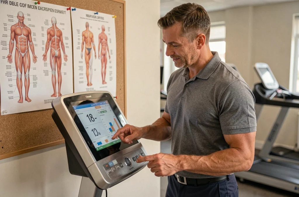 Coach sportif professionnel analysant les résultats d'une balance impédancemètre dans une clinique de remise en forme