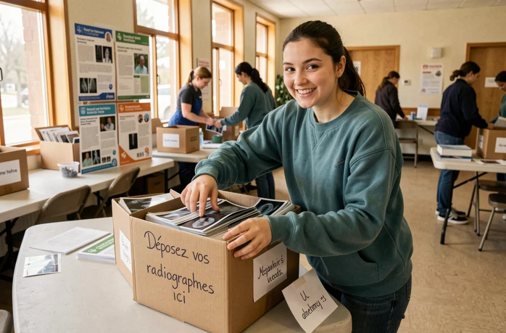 Bénévole collectant des anciennes radiographies données lors d'une collecte caritative dans un centre communautaire