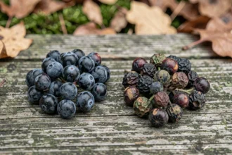 Comparaison côte à côte de prunelles sauvages saines avec leur pruine bleutée et de baies abîmées et toxiques sur une surface en bois rustique