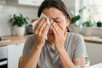 Femme appliquant une compresse froide sur un œil gonflé pour soulager les démangeaisons