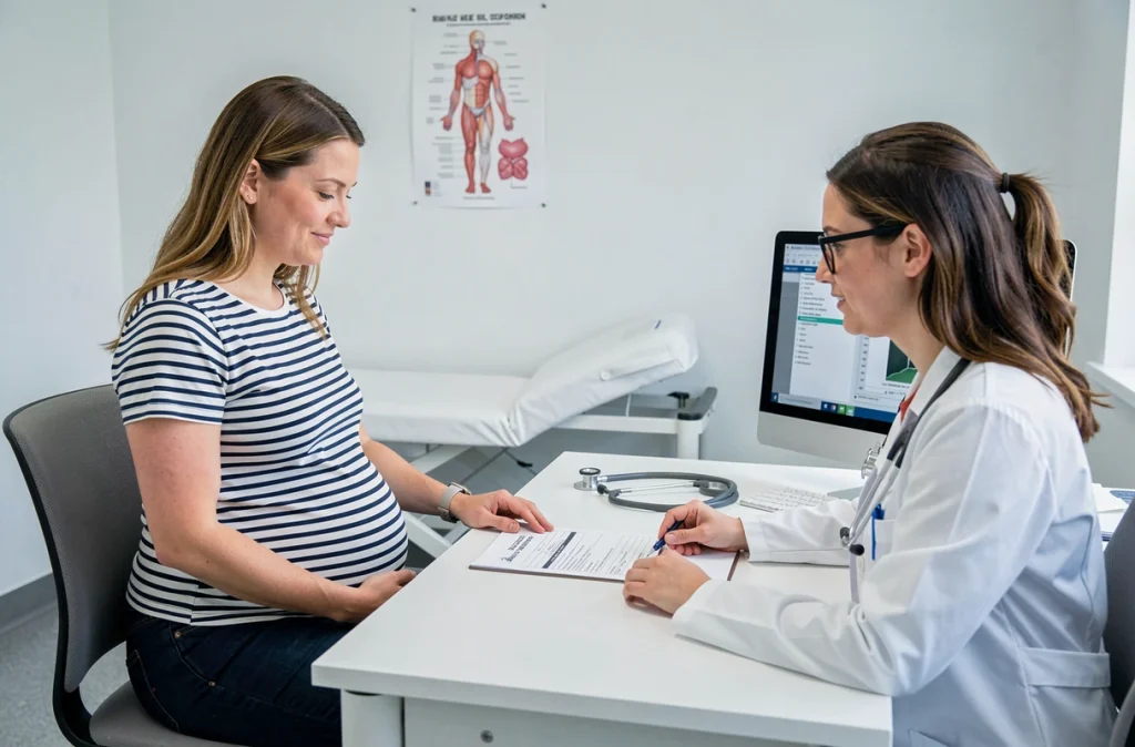 Femme enceinte en consultation médicale discutant des médicaments autorisés pendant la grossesse avec son médecin