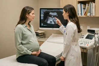 Femme enceinte lors d'une consultation prénatale avec une gynécologue devant un écran d'échographie