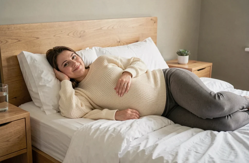 Femme enceinte allongée sur un coussin de maternité dans une chambre cosy pour soulager les douleurs dorsales