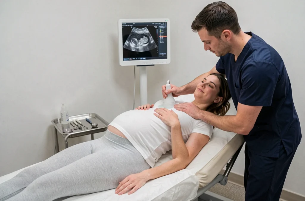 Sage-femme réalisant une échographie obstétricale sur une femme enceinte en cabinet médical