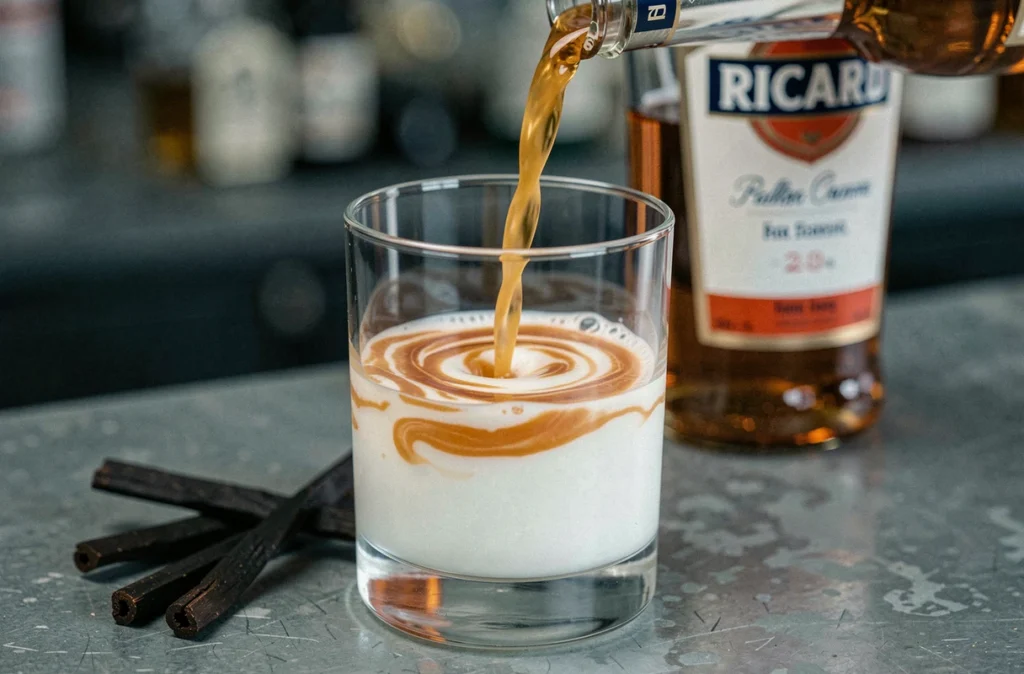 Effet louche du pastis dilué à l'eau montrant la transformation laiteuse du Ricard avec des bâtons de réglisse