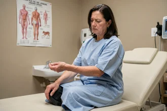 Femme adulte en consultation médicale après une IRM, observant une réaction cutanée sur son avant-bras dans une salle d'examen hospitalière