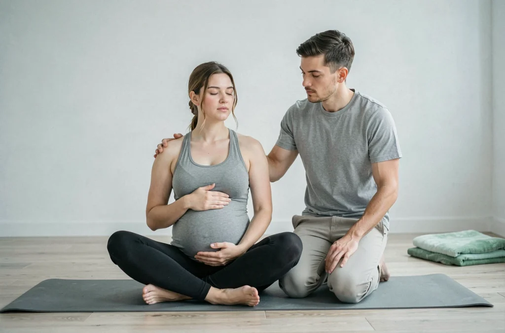 Un couple pratique des exercices de respiration prénatale ensemble sur un tapis de yoga dans un appartement lumineux