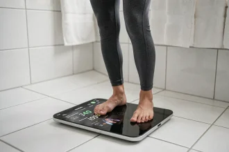 Femme utilisant une balance impédancemètre haut de gamme dans une salle de bain moderne affichant des données corporelles détaillées
