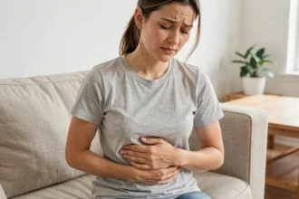 Femme assise tenant son ventre ballonné avec une expression d'inconfort léger dans un salon scandinave