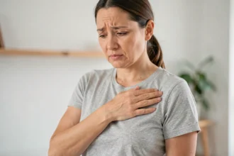Femme ressentant une douleur sous l'aisselle et s'examinant avec inquiétude à la maison