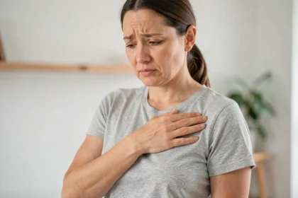 Femme ressentant une douleur sous l'aisselle et s'examinant avec inquiétude à la maison