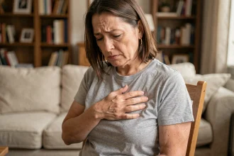 Femme d'âge moyen tenant son côté avec une expression de douleur intercostale à la maison