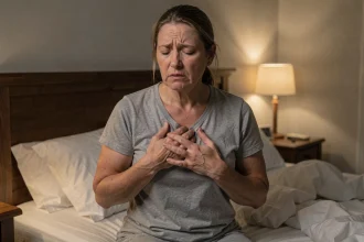 Femme adulte assise sur le bord de son lit la nuit, main posée sur les côtes en signe de douleur intercostale