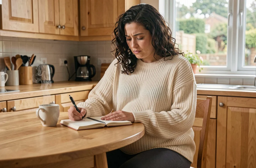 Femme enceinte écrivant dans un journal intime à la cuisine pour exprimer ses émotions et réduire l'anxiété pendant la grossesse