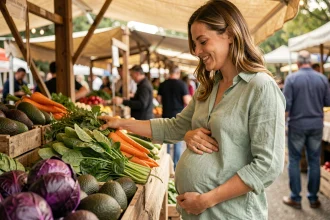 Femme enceinte choisissant des légumes frais au marché pour une alimentation saine pendant la grossesse