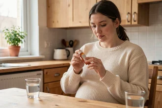 Femme enceinte lisant attentivement la notice d'un médicament sur ordonnance dans sa cuisine