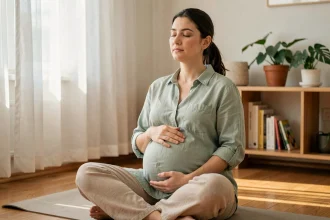Femme enceinte pratiquant la méditation assise sur un tapis de yoga dans un salon calme pour gérer le stress pendant la grossesse