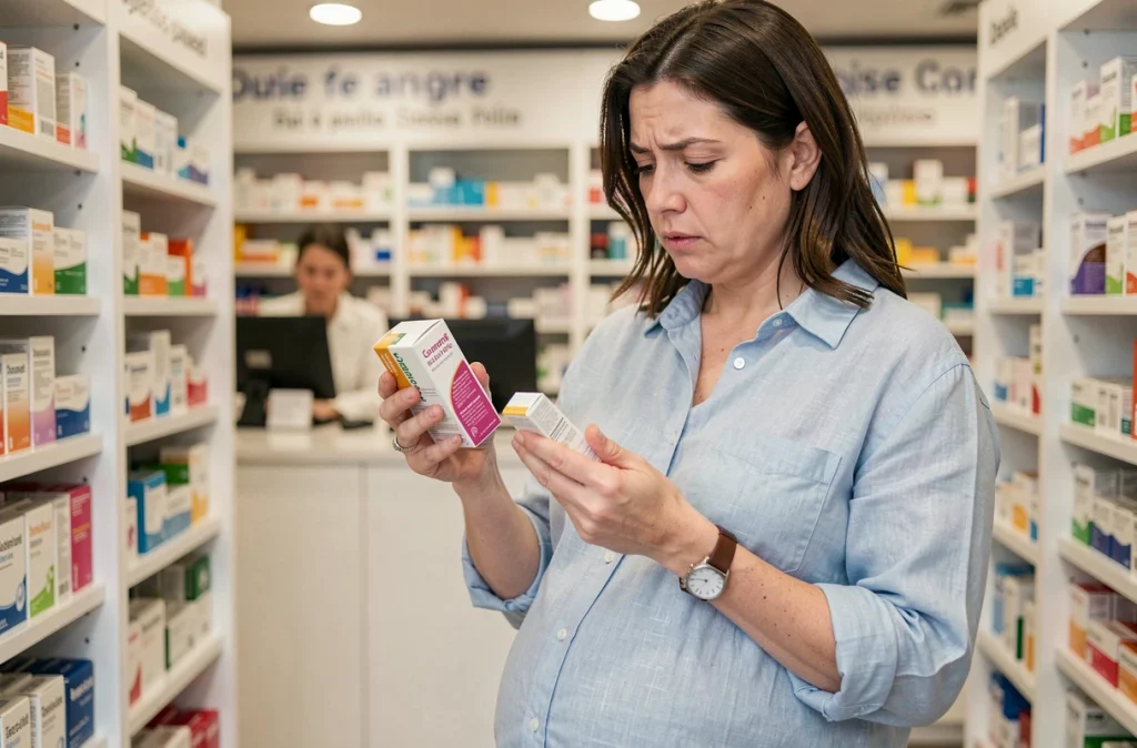 Femme enceinte comparant deux boîtes de médicaments dans une pharmacie pour vérifier leur compatibilité avec la grossesse