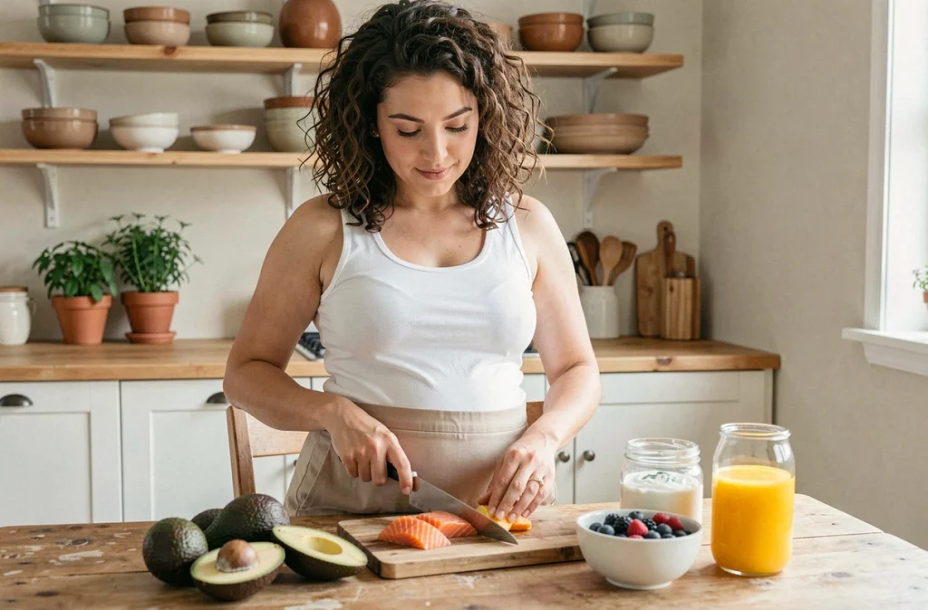Femme enceinte préparant un repas nutritif riche en oméga-3 et vitamines dans une cuisine moderne