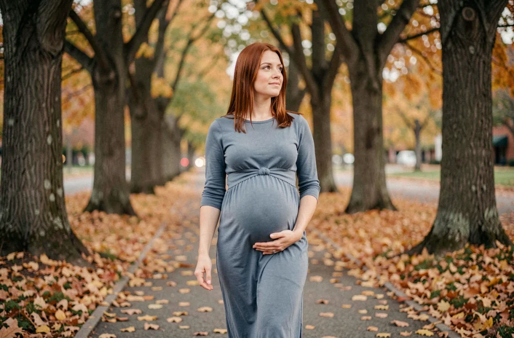 Femme enceinte se promenant dans un parc en automne pour réduire le stress et retrouver un équilibre émotionnel pendant la grossesse