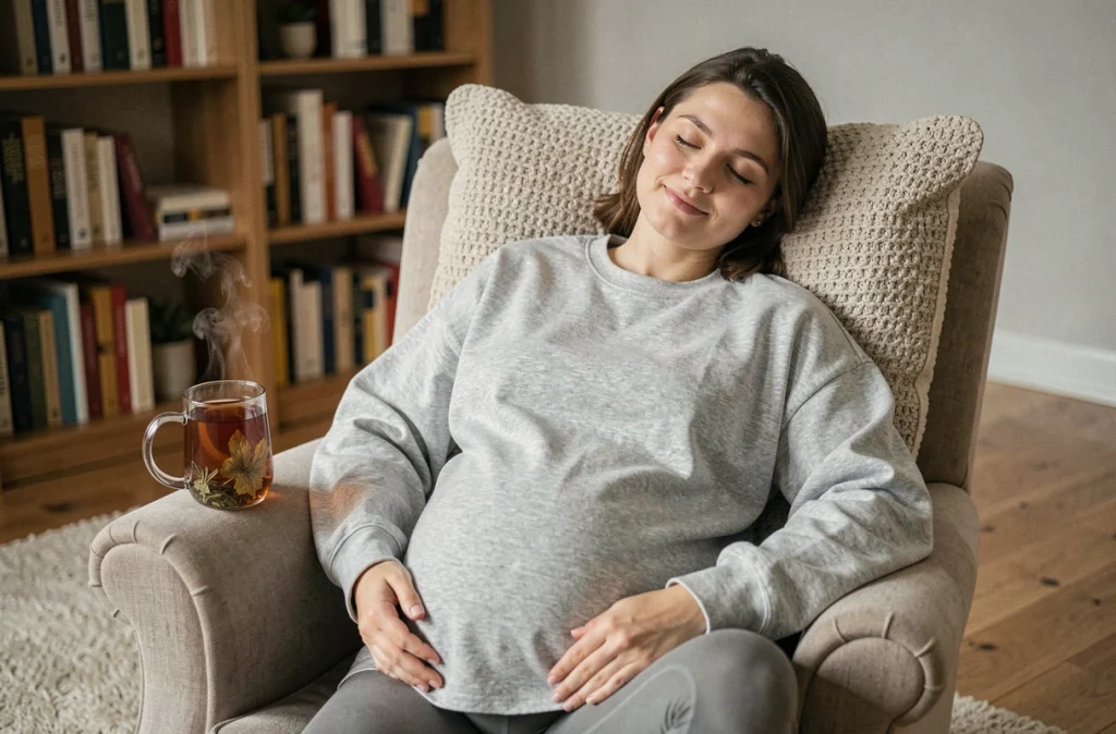 Femme enceinte assoupie dans un fauteuil confortable avec une tasse de tisane, symbolisant le repos essentiel durant la grossesse