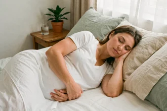 Femme enceinte dormant paisiblement sur le côté dans une chambre cosy, illustrant les bienfaits du sommeil pendant la grossesse