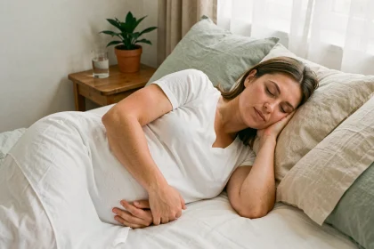 Femme enceinte dormant paisiblement sur le côté dans une chambre cosy, illustrant les bienfaits du sommeil pendant la grossesse