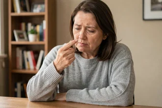 Femme d'âge mûr examinant attentivement une tache sombre sous son ongle à son bureau à domicile