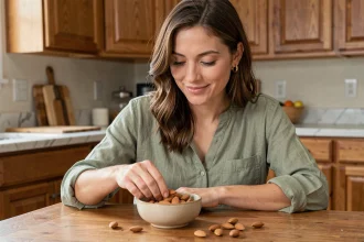 Femme grignotant des amandes dans un bol en céramique dans une cuisine chaleureuse, alternative saine aux biscuits
