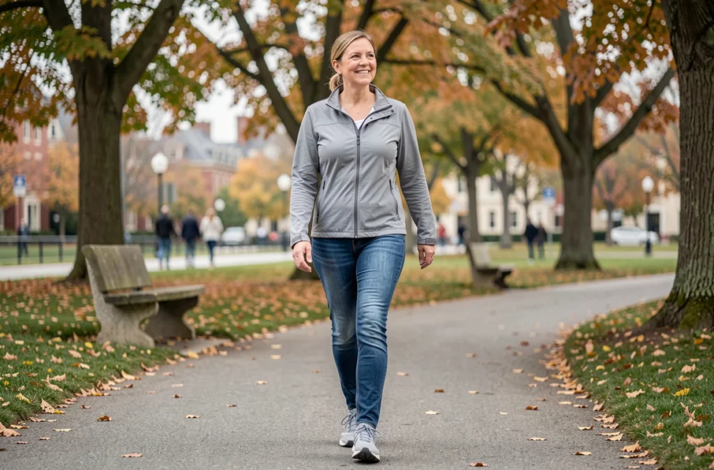 Femme de cinquante ans marchant sereinement dans un parc en plein air, retrouvant une vie active malgré une cruralgie chronique de la hanche