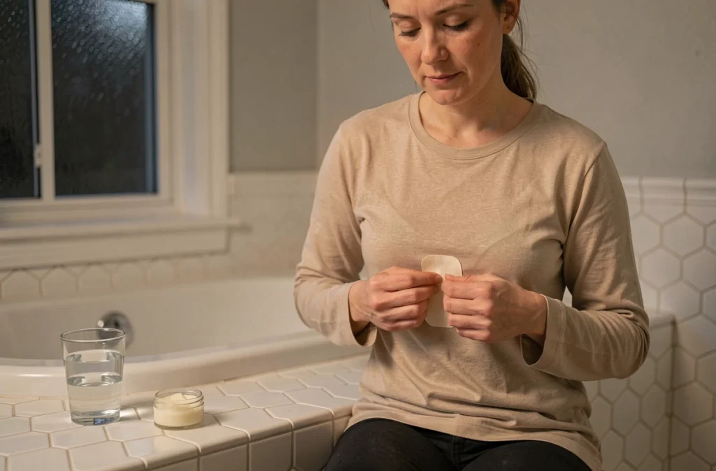 Femme appliquant un patch chauffant sur les côtes dans la salle de bain la nuit pour soulager une douleur intercostale