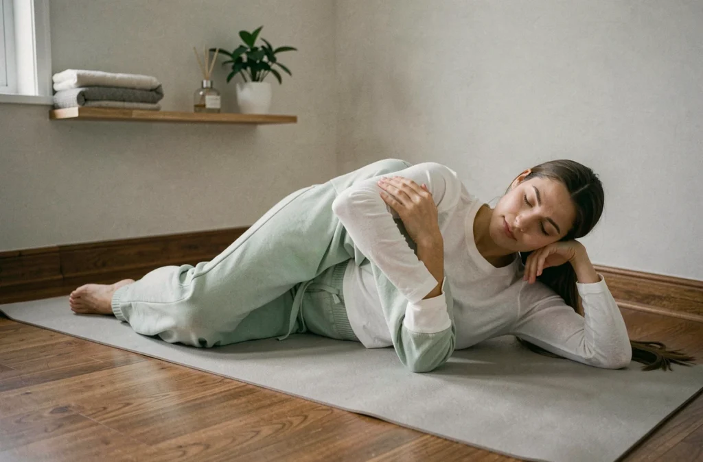 Femme en position fœtale sur un tapis de yoga pour soulager les ballonnements et gaz digestifs