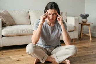 Femme pratiquant une technique de relaxation pour soulager les picotements et fourmillements dans la tête
