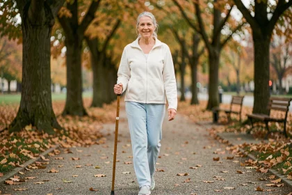 Femme de 70 ans marchant en autonomie dans un parc en automne avec une canne, remise en mouvement progressive pour seniors
