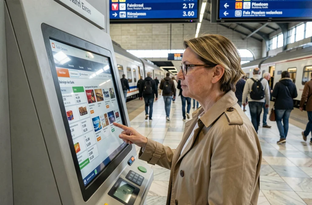 Femme consultant les tarifs officiels des cigarettes sur un kiosque numérique dans une gare belge