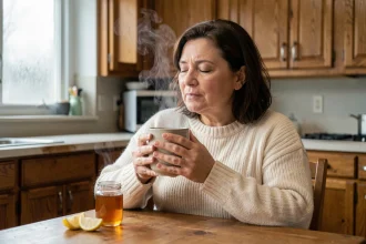 Femme tenant une tasse de tisane chaude pour soulager une quinte de toux en hiver, assise dans une cuisine chaleureuse