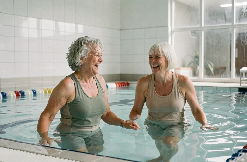 Deux femmes seniors participant à une séance d'aquagym en piscine municipale, activité physique douce pour l'autonomie après 70 ans