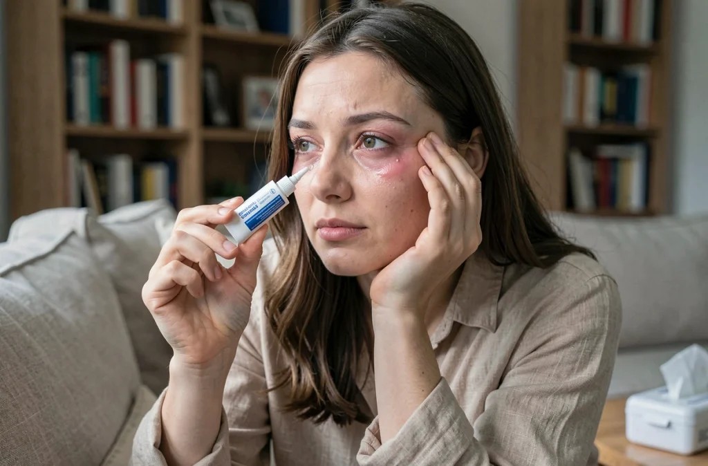 Jeune femme appliquant un gel ophtalmique apaisant sur un œil gonflé et qui démange