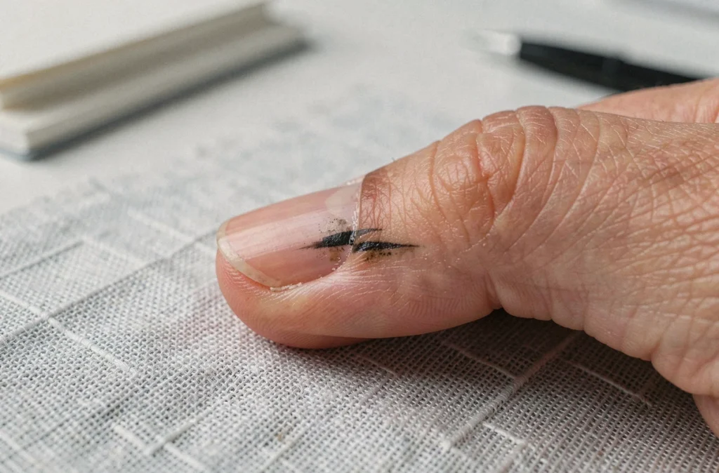 Gros plan macro d'un ongle adulte présentant une tache noire longitudinale sur fond de lin gris