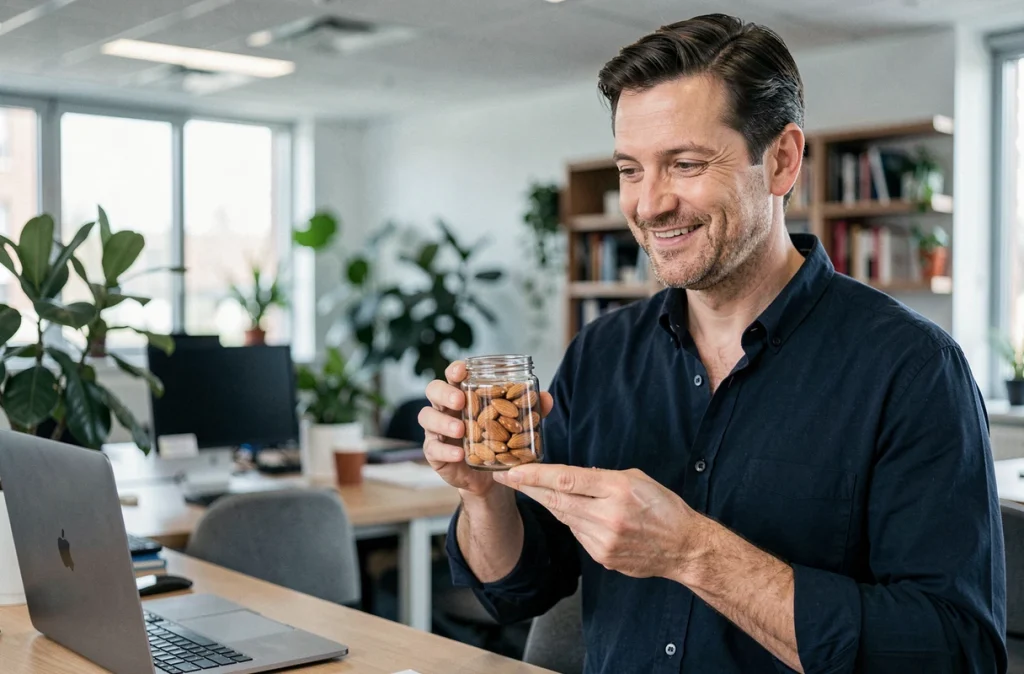 Homme au bureau tenant un bocal en verre rempli d'amandes comme en-cas sain pendant une pause travail